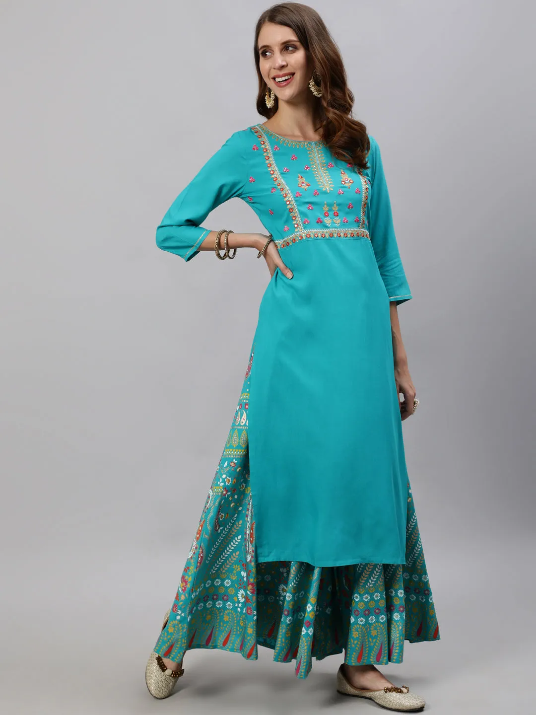 Anubhutee Women Blue Floral Embroidered Empire Sequinned Kurta with Skirt