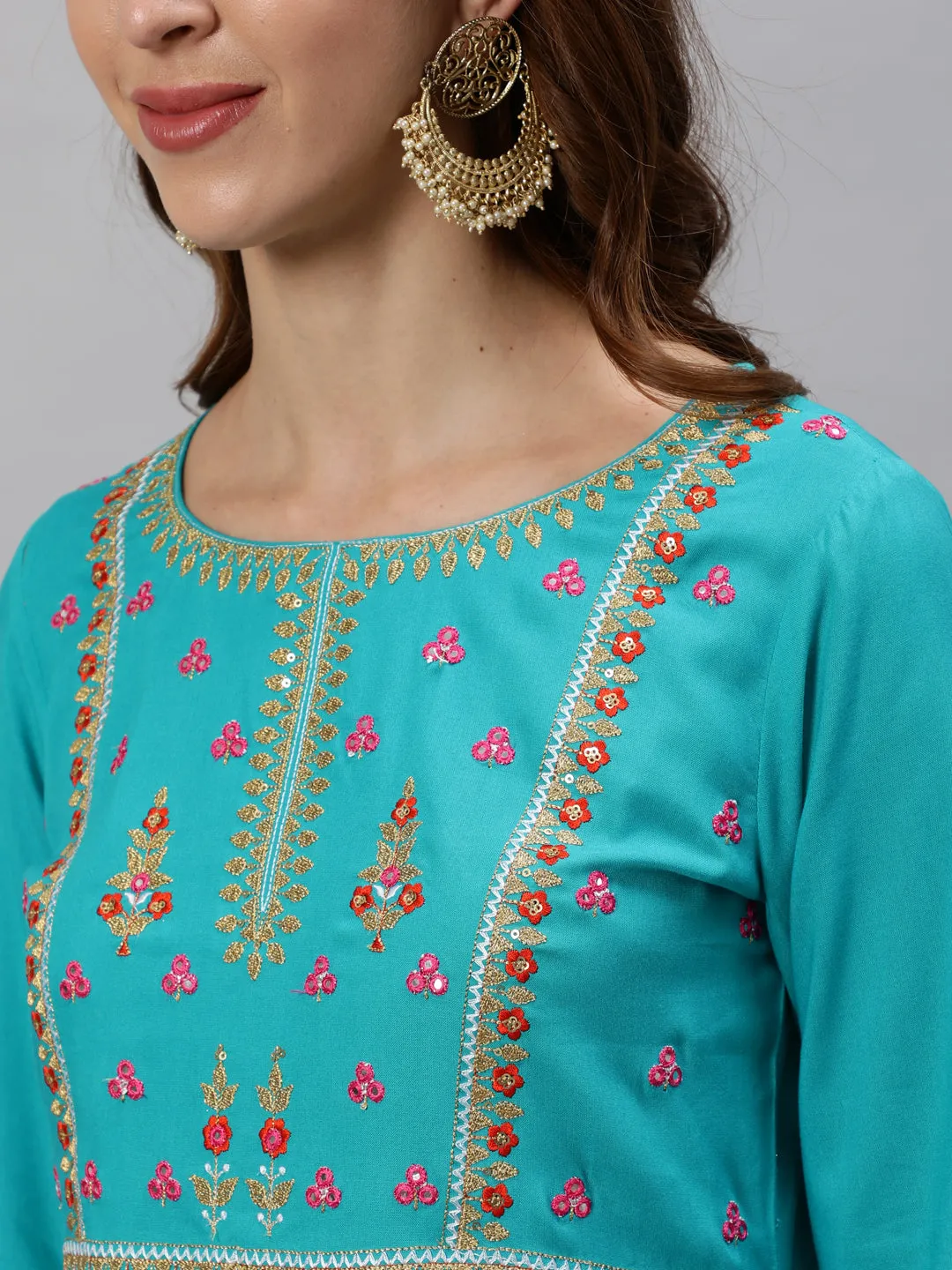 Anubhutee Women Blue Floral Embroidered Empire Sequinned Kurta with Skirt