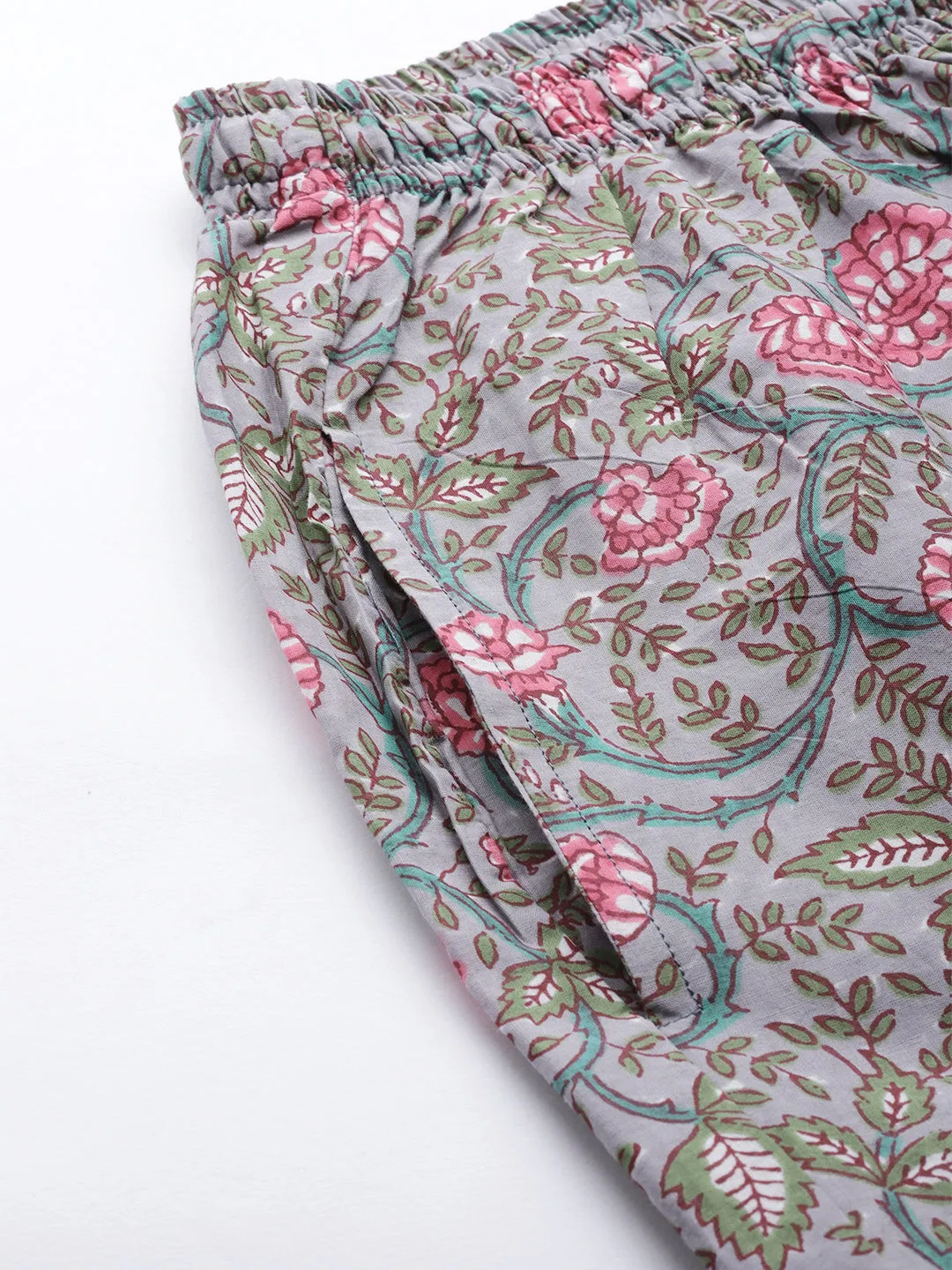 Anubhutee Women Grey  Pink Pure Cotton Printed Night suit