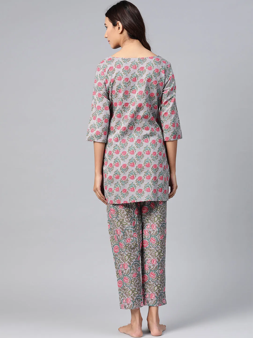 Anubhutee Women Grey  Pink Pure Cotton Printed Night suit