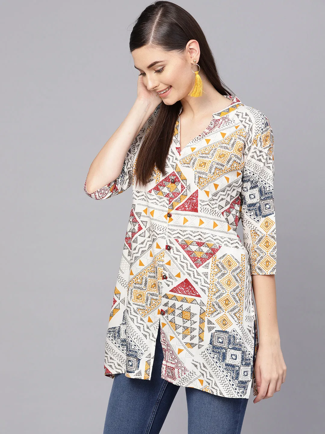 Anubhutee Women Off White  Mustard Yellow Printed Straight Kurti