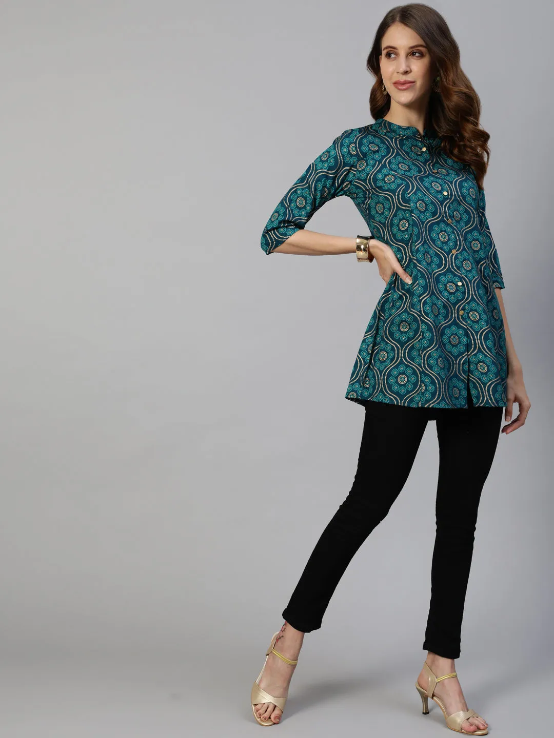 Anubhutee Women Teal Blue  Beige Ethnic Motifs Printed Straight Kurti