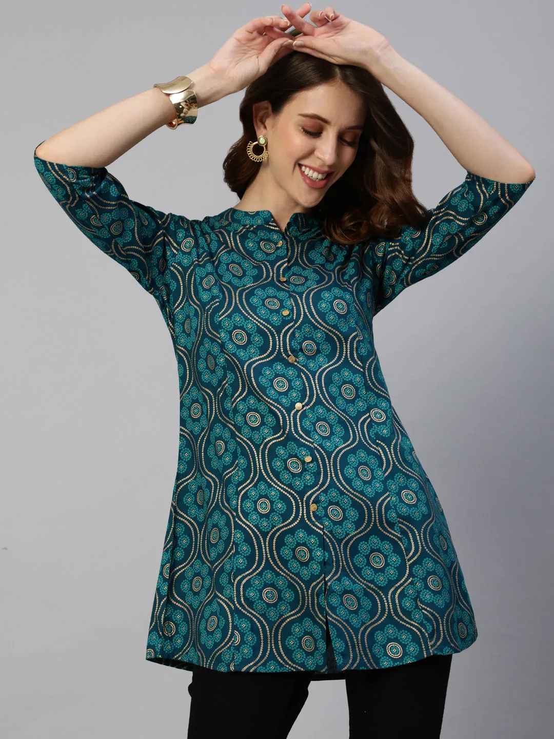 Anubhutee Women Teal Blue  Beige Ethnic Motifs Printed Straight Kurti