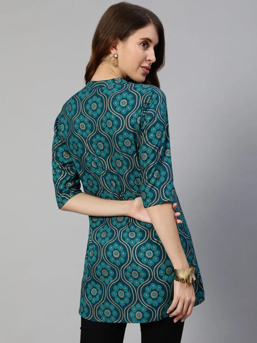 Anubhutee Women Teal Blue  Beige Ethnic Motifs Printed Straight Kurti