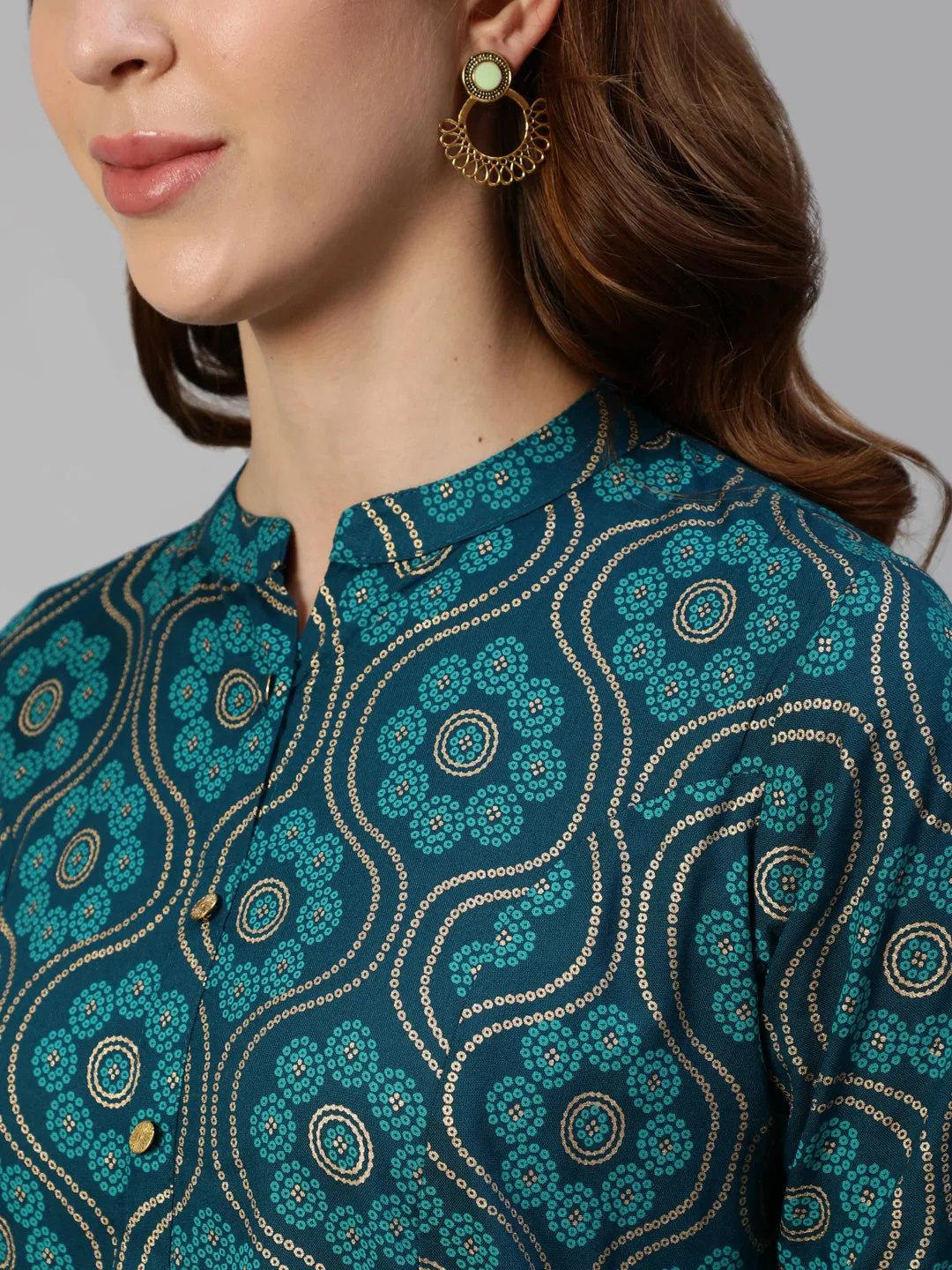 Anubhutee Women Teal Blue  Beige Ethnic Motifs Printed Straight Kurti