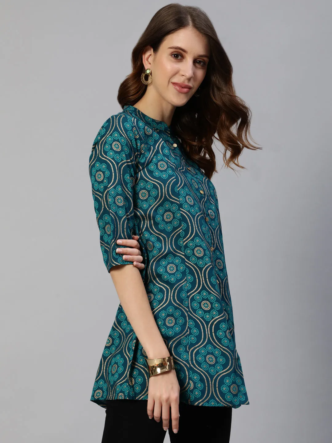 Anubhutee Women Teal Blue  Beige Ethnic Motifs Printed Straight Kurti