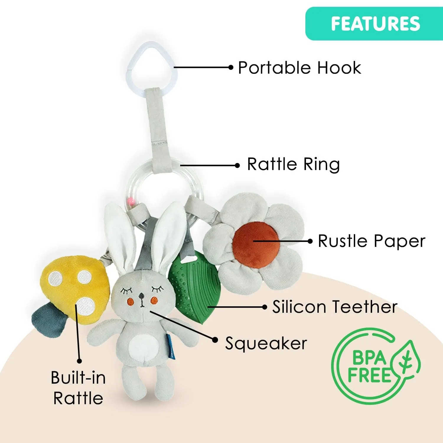 Baby Moo Bunny With Flower Squeaker Ring Rattle Hanging Toy With Teether - Grey