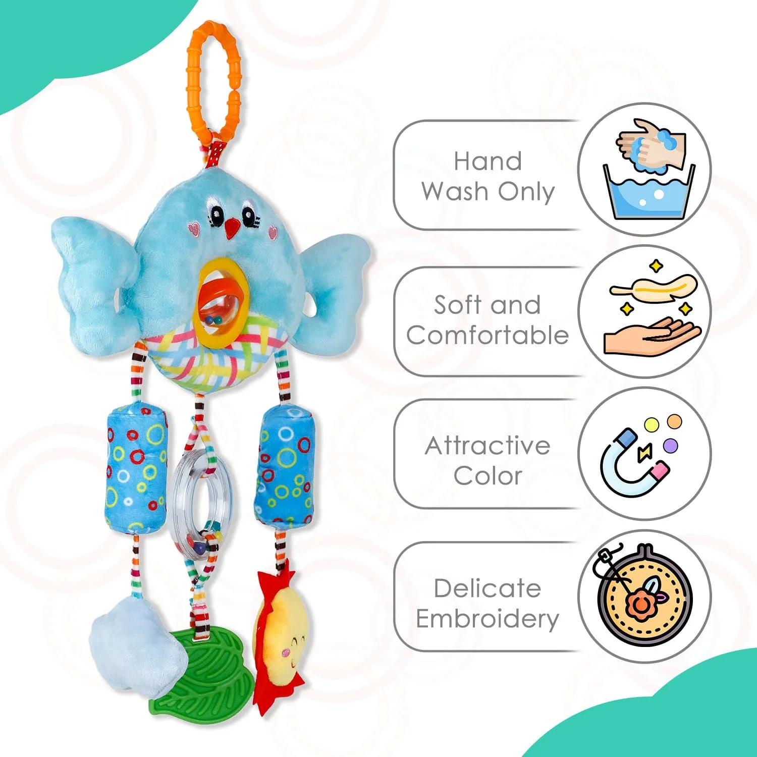 Baby Moo Sunny And Cloudy Wind Chime With Squeaker Hanging Toy With Teether - Blue