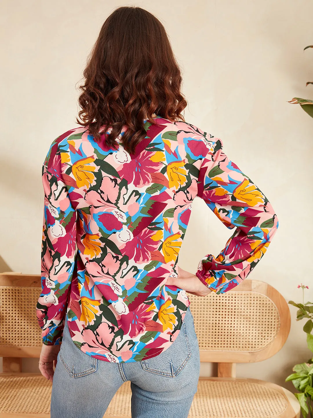 Berrylush Women Multicolour Floral Printed Tie-Up Neck Slip-On Curved Hem Regular Top