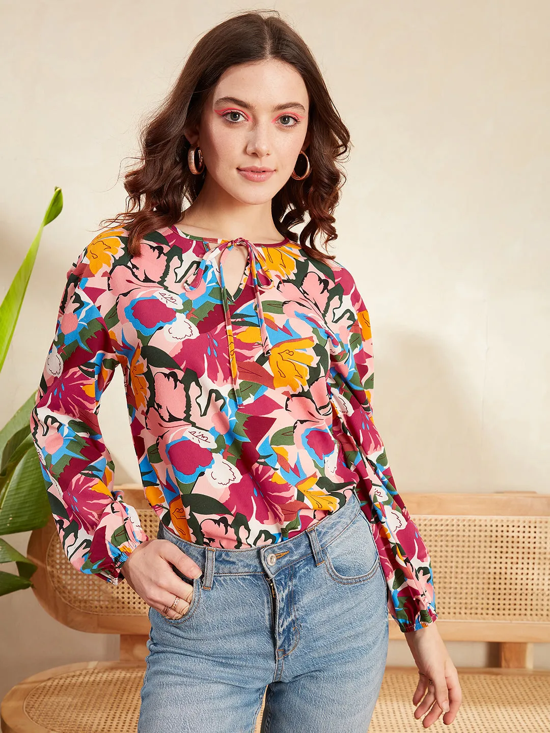 Berrylush Women Multicolour Floral Printed Tie-Up Neck Slip-On Curved Hem Regular Top