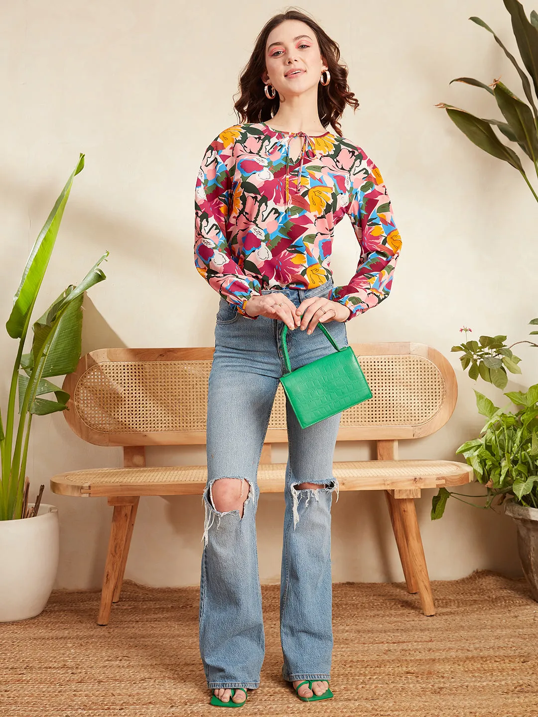 Berrylush Women Multicolour Floral Printed Tie-Up Neck Slip-On Curved Hem Regular Top
