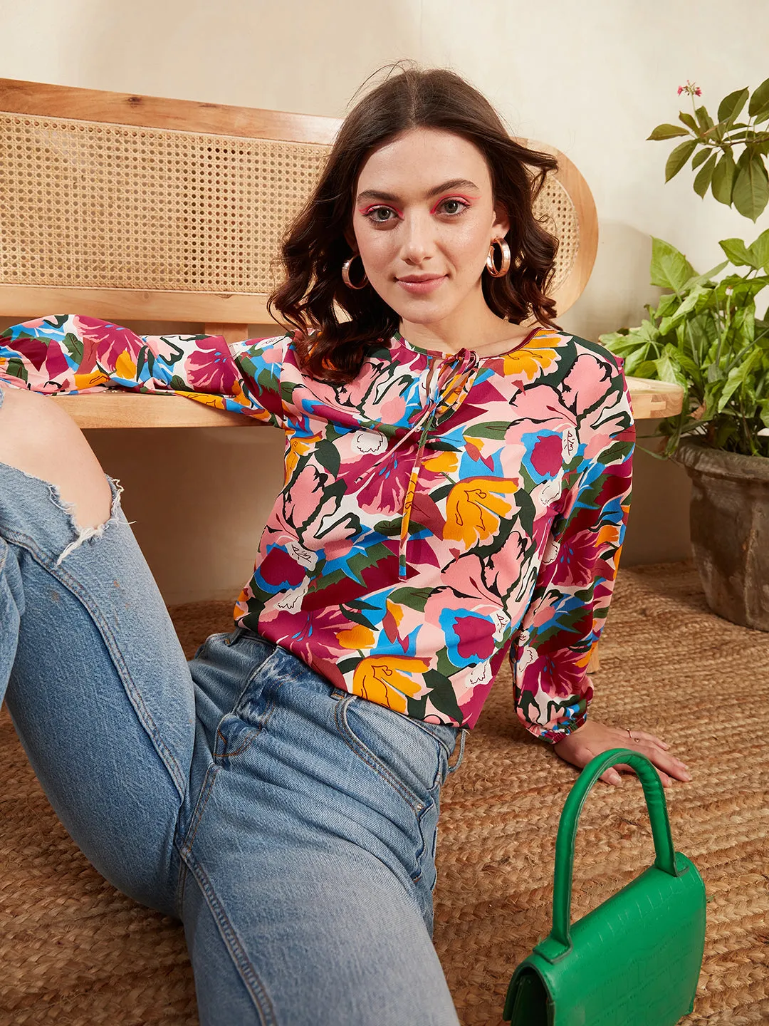 Berrylush Women Multicolour Floral Printed Tie-Up Neck Slip-On Curved Hem Regular Top