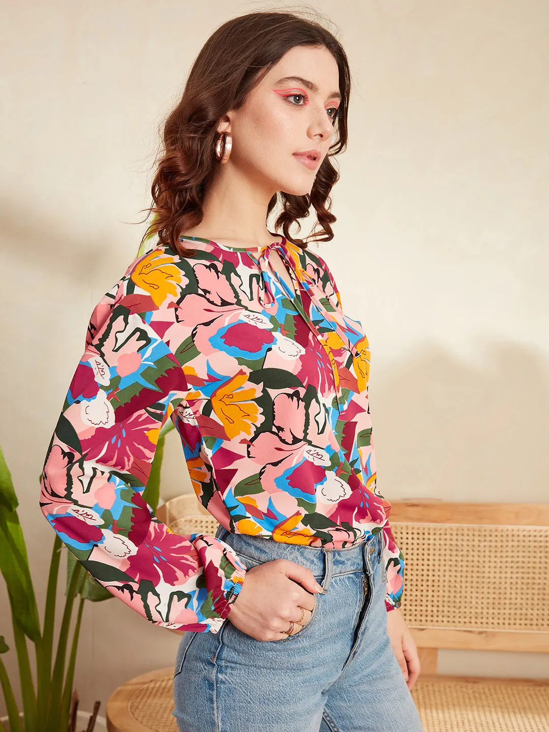Berrylush Women Multicolour Floral Printed Tie-Up Neck Slip-On Curved Hem Regular Top