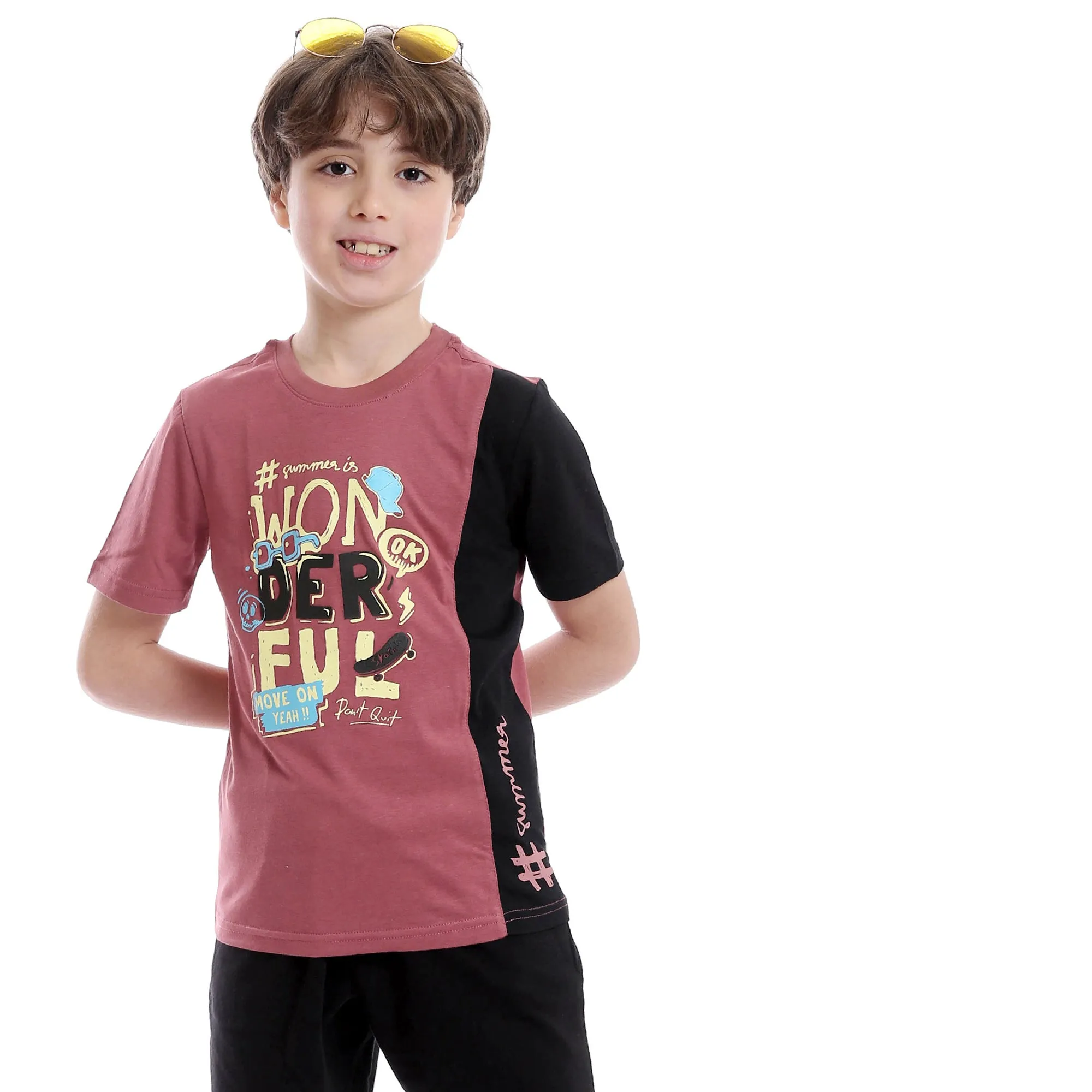 Boys Bi-Tone Printed Summer Shorts Pajama Set - Dusty Rose & Black