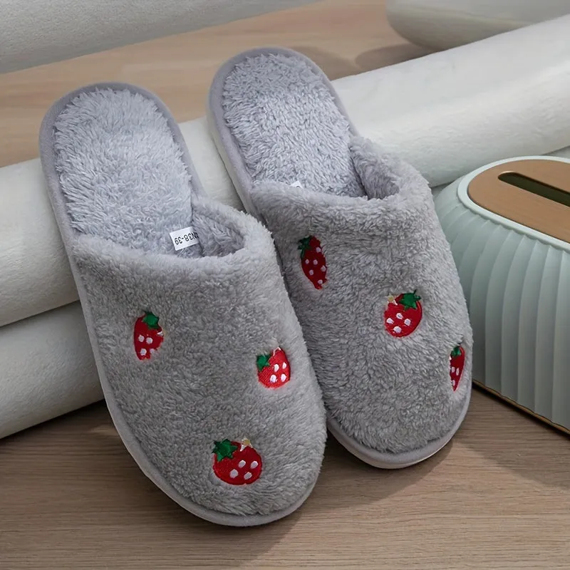 Cozy Strawberry Embroidered Women's Slippers - Soft Sole, Plush Lining For Indoor Comfort, Perfect For Fall & Winter