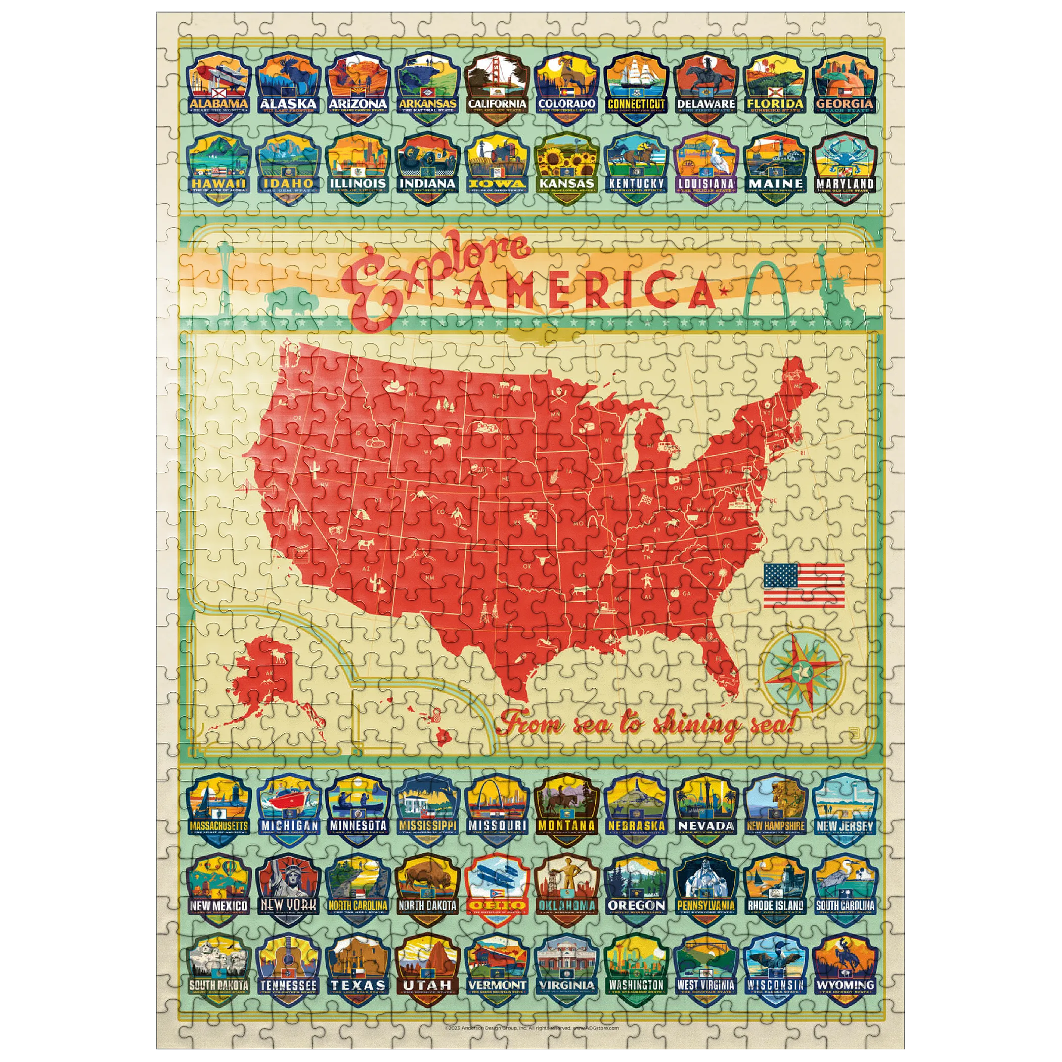 Explore America Map: 50 State Emblems, State Pride Vintage Poster
