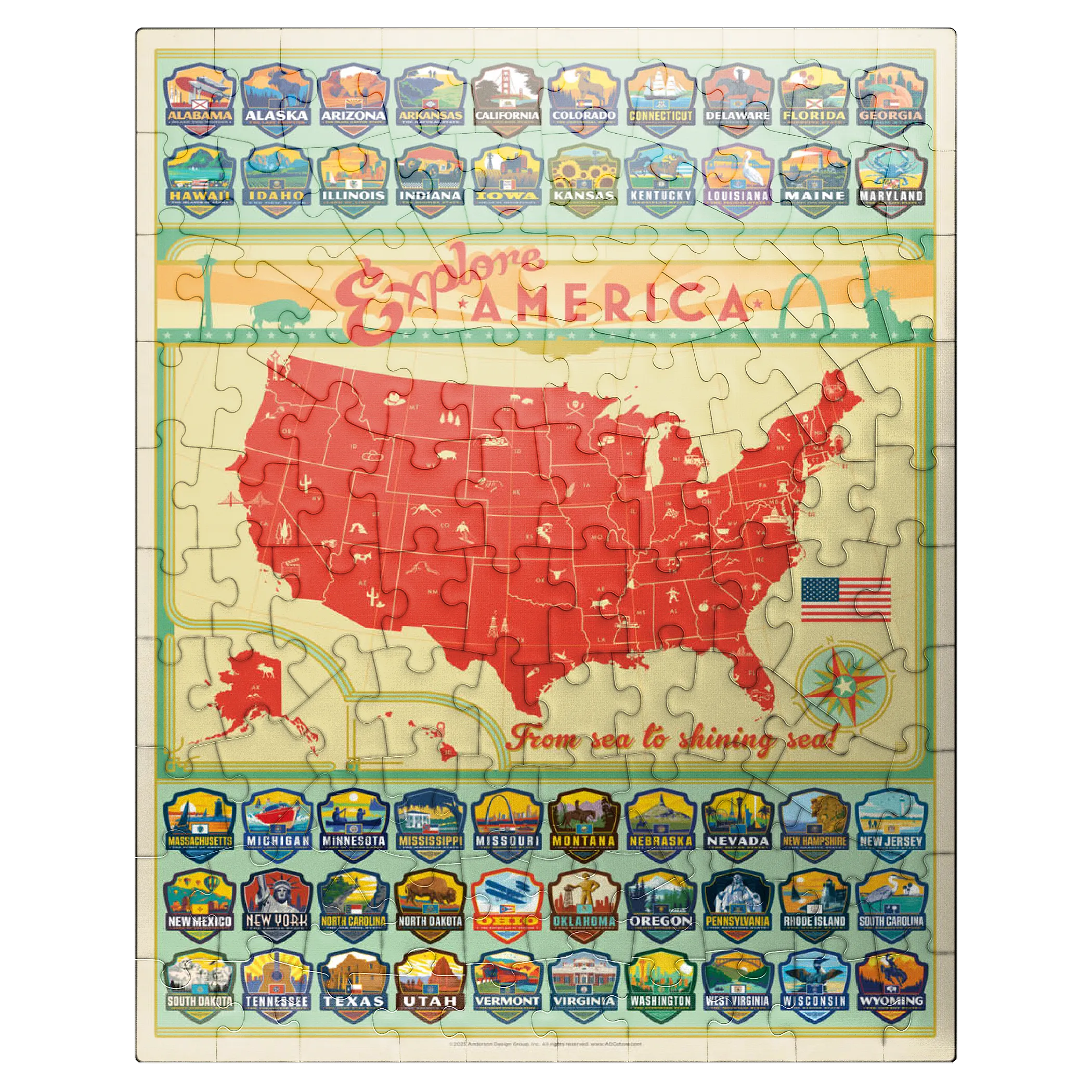 Explore America Map: 50 State Emblems, State Pride Vintage Poster