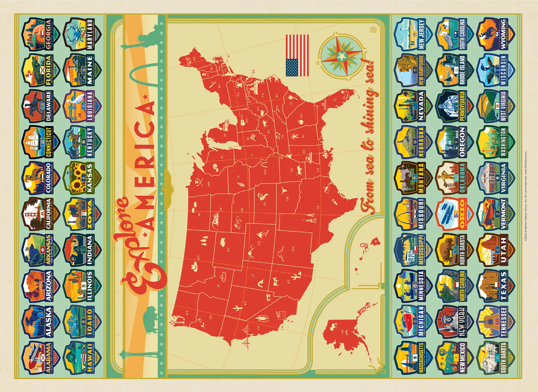 Explore America Map: 50 State Emblems, State Pride Vintage Poster