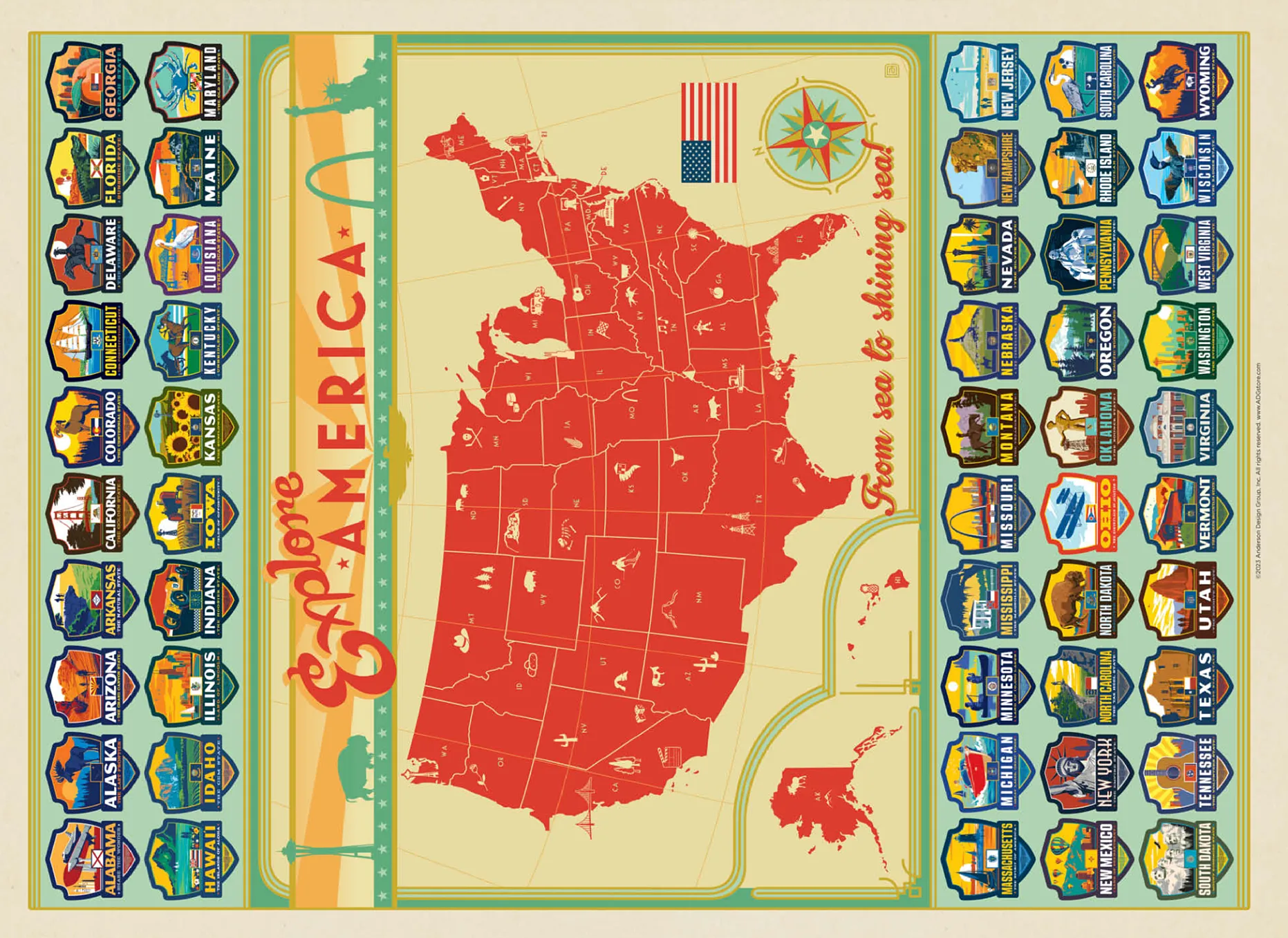 Explore America Map: 50 State Emblems, State Pride Vintage Poster