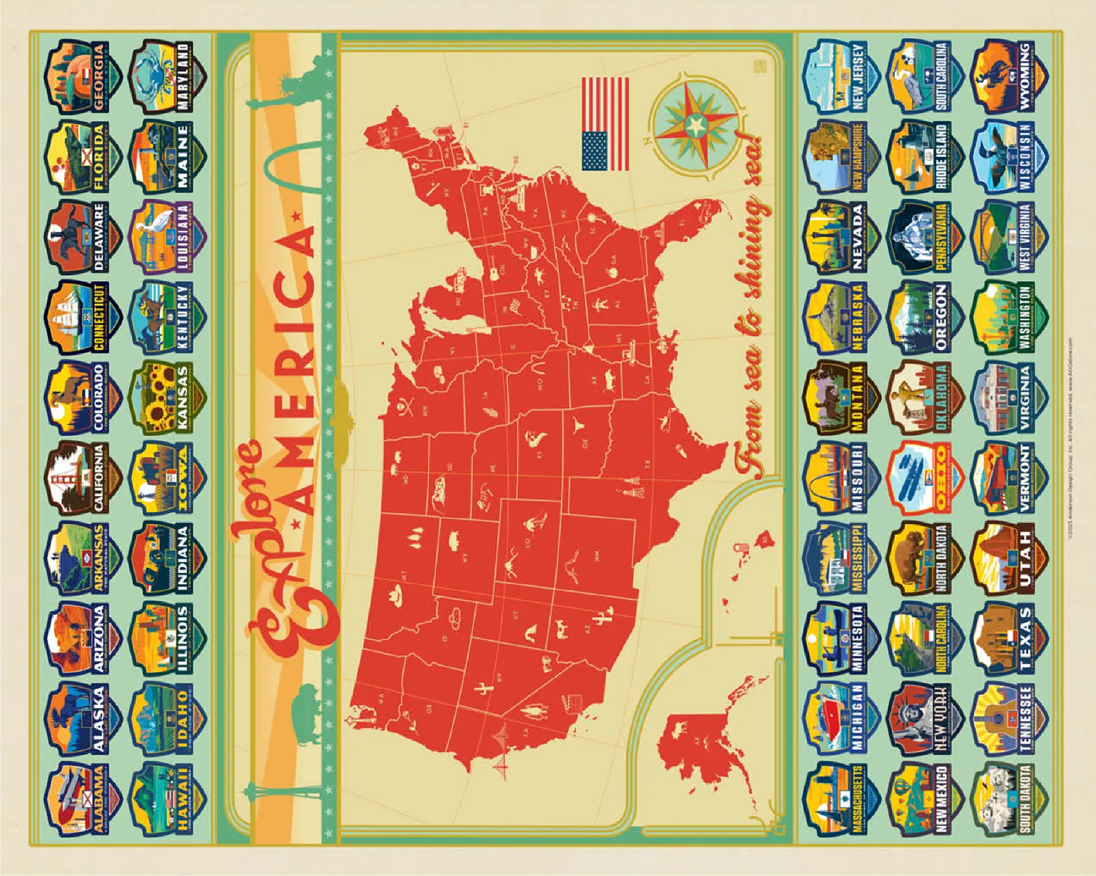 Explore America Map: 50 State Emblems, State Pride Vintage Poster