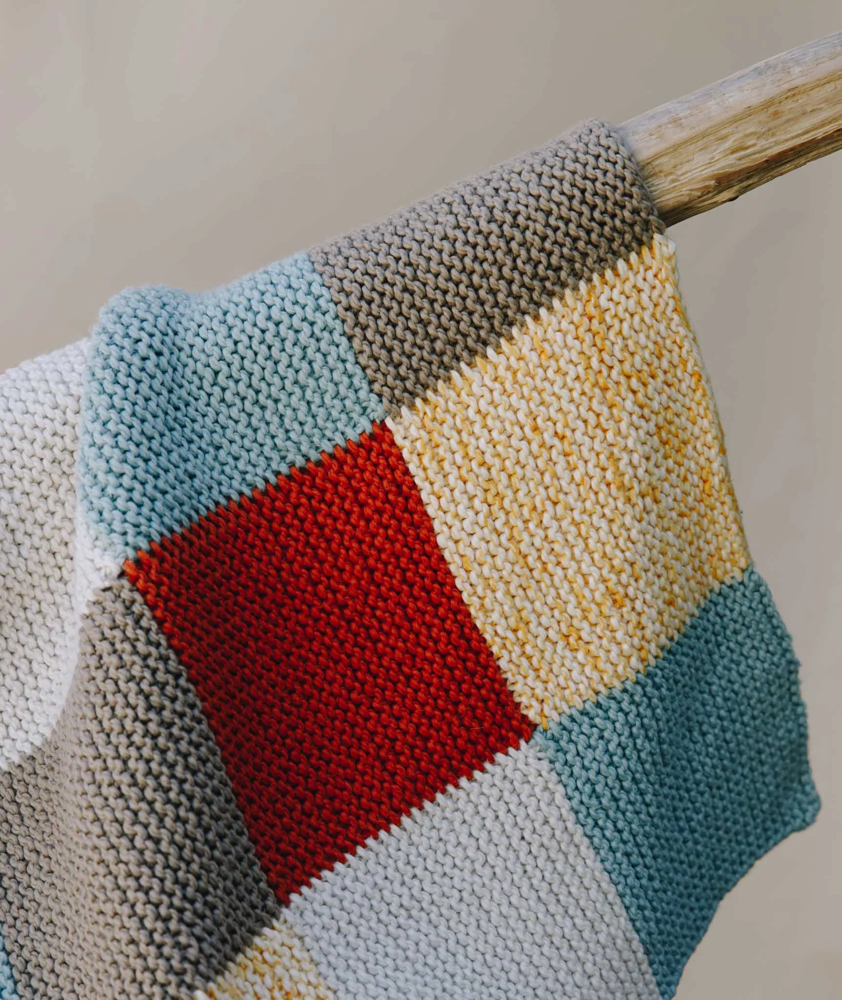 Garter Blocks Baby Blanket: 5-Color Version Using Blue Sky Fibers Printed and Organic Cotton Worsted