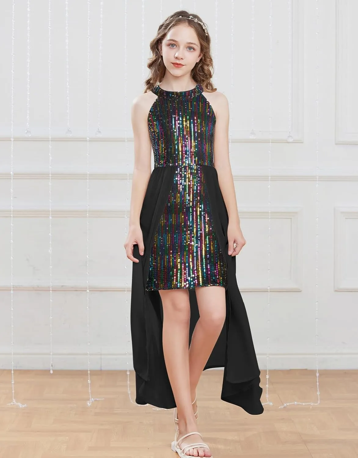 GRACE KARIN Girls Halter Neck Sequin Dress 6-14Y Kids Fancy Formal Party Prom Sparkly Pageant Birthday Graduation Dresses