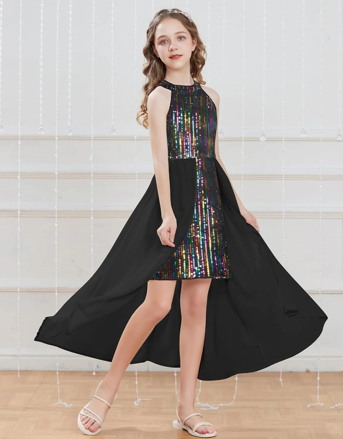 GRACE KARIN Girls Halter Neck Sequin Dress 6-14Y Kids Fancy Formal Party Prom Sparkly Pageant Birthday Graduation Dresses
