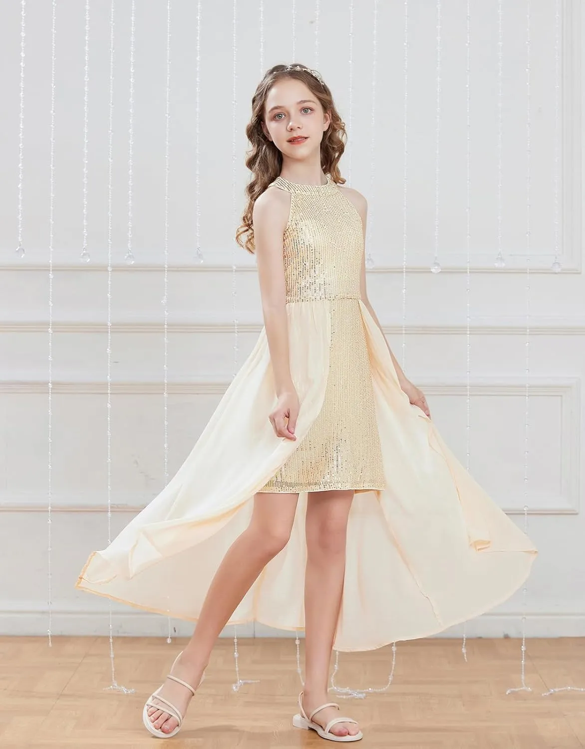 GRACE KARIN Girls Halter Neck Sequin Dress 6-14Y Kids Fancy Formal Party Prom Sparkly Pageant Birthday Graduation Dresses