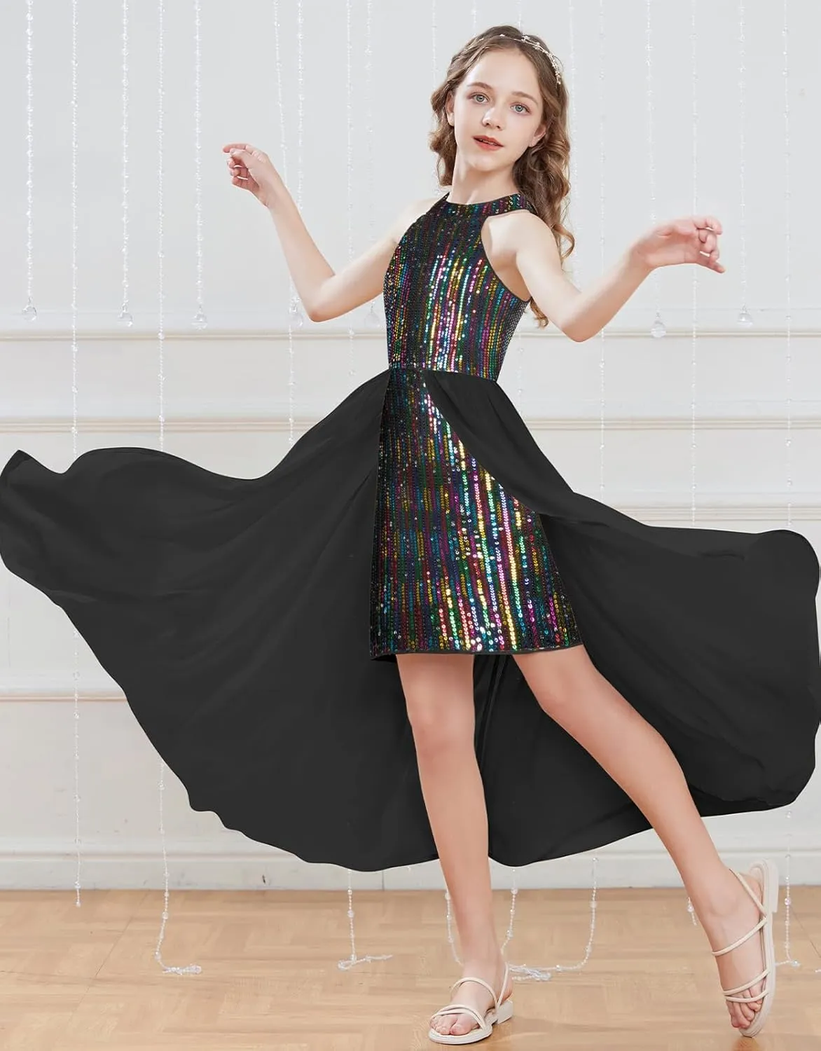 GRACE KARIN Girls Halter Neck Sequin Dress 6-14Y Kids Fancy Formal Party Prom Sparkly Pageant Birthday Graduation Dresses