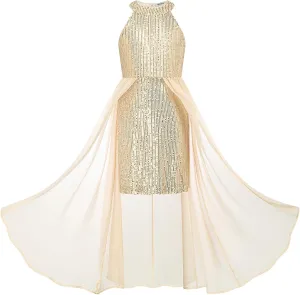 GRACE KARIN Girls Halter Neck Sequin Dress 6-14Y Kids Fancy Formal Party Prom Sparkly Pageant Birthday Graduation Dresses