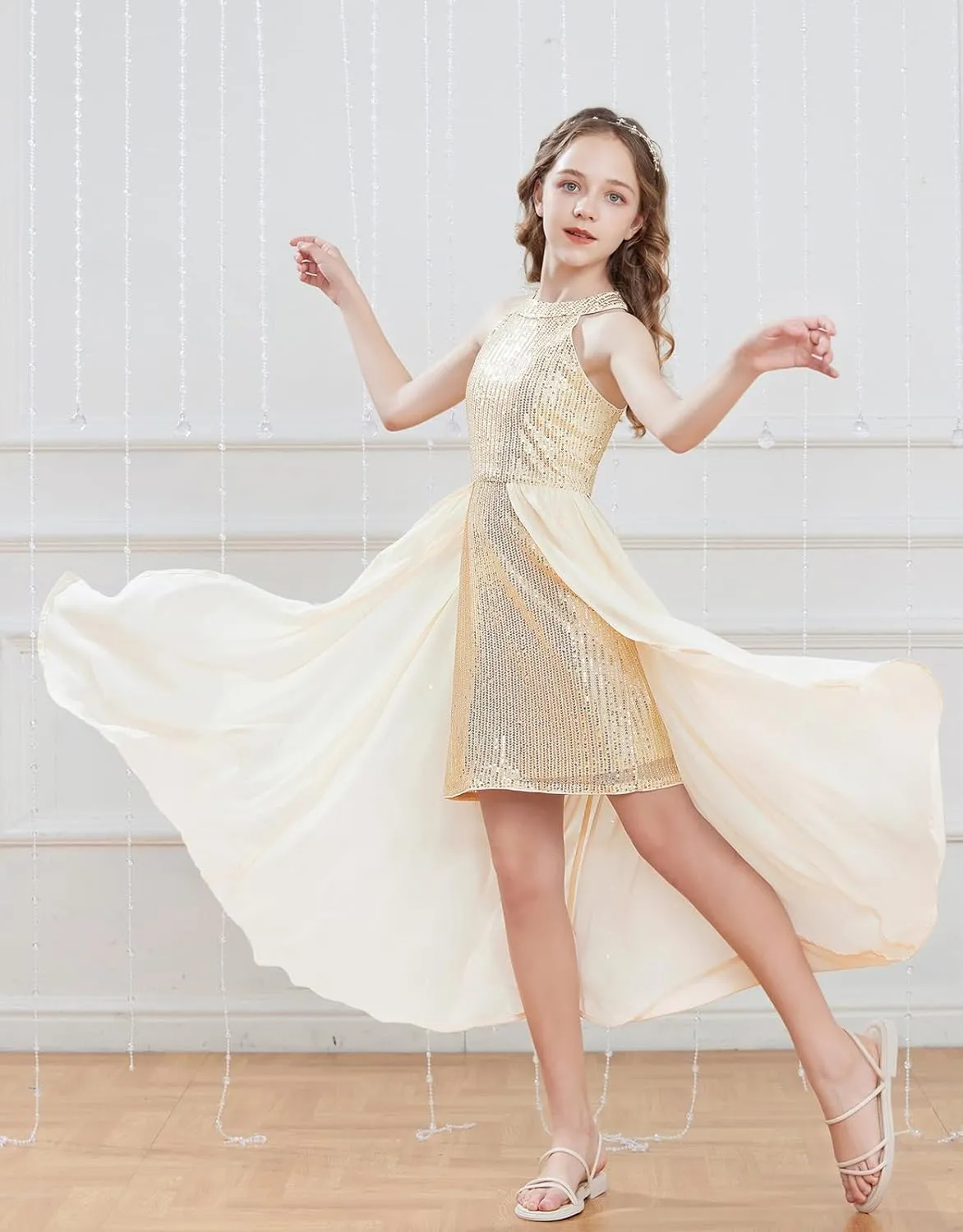 GRACE KARIN Girls Halter Neck Sequin Dress 6-14Y Kids Fancy Formal Party Prom Sparkly Pageant Birthday Graduation Dresses
