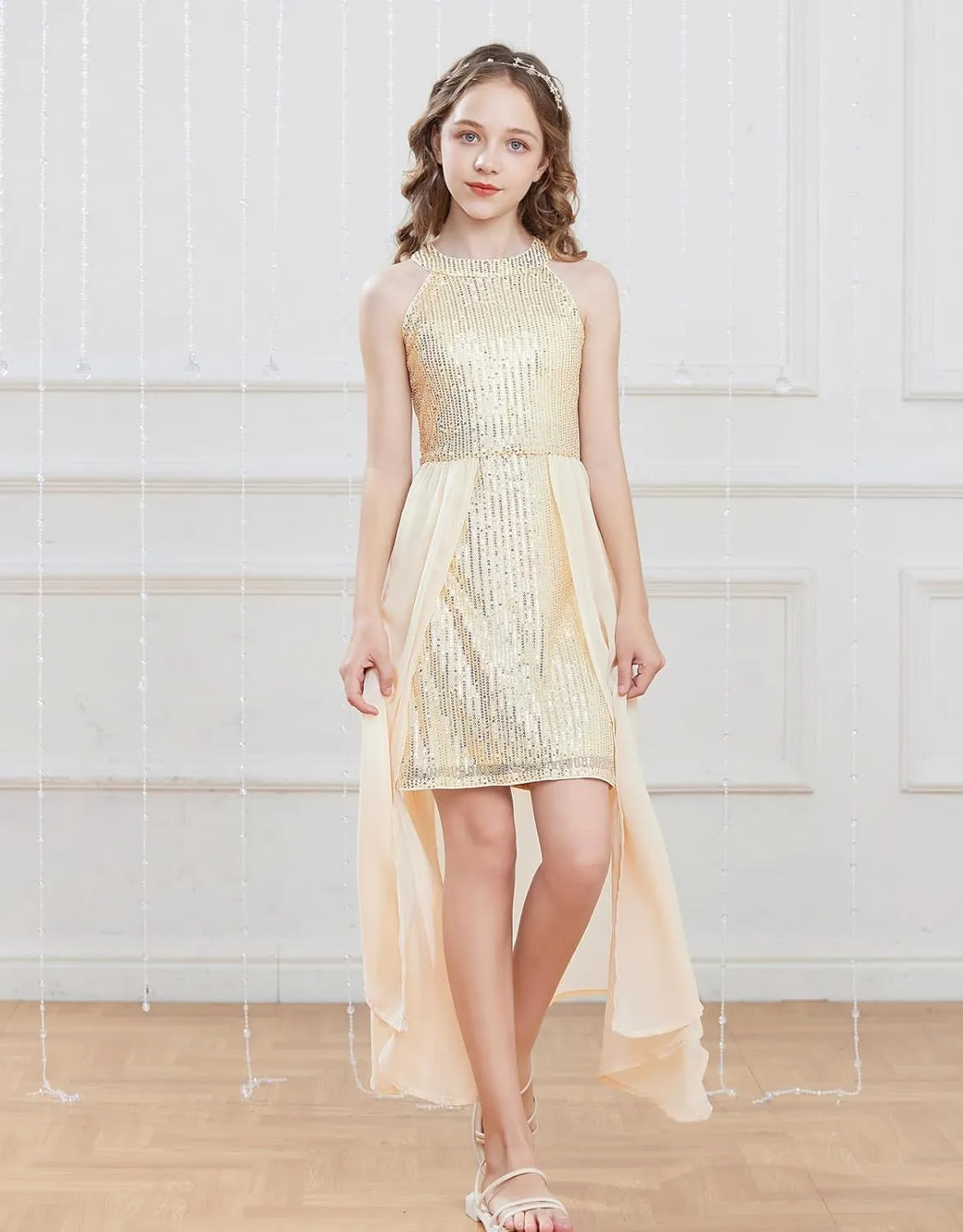 GRACE KARIN Girls Halter Neck Sequin Dress 6-14Y Kids Fancy Formal Party Prom Sparkly Pageant Birthday Graduation Dresses