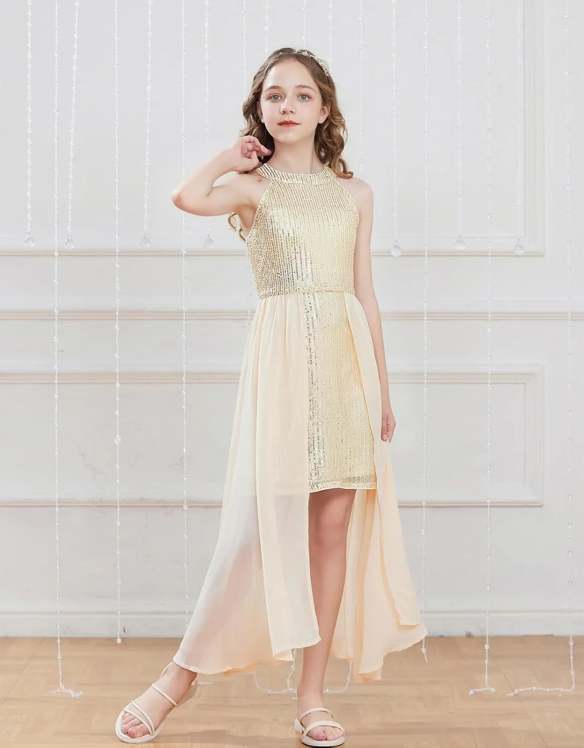 GRACE KARIN Girls Halter Neck Sequin Dress 6-14Y Kids Fancy Formal Party Prom Sparkly Pageant Birthday Graduation Dresses