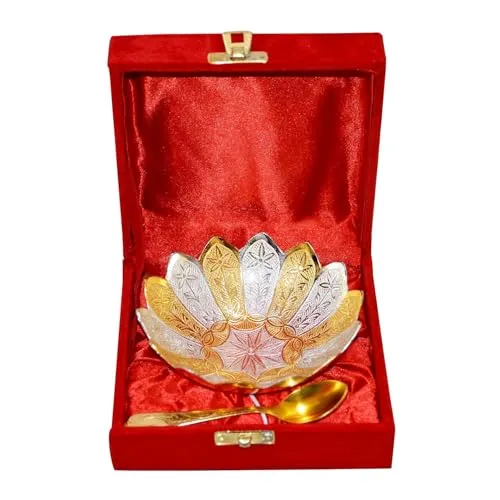 I.F.Innovation Metal Floral Bowl Spoon Box - 2 Pcs, White Gold, Brass