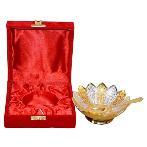 I.F.Innovation Metal Floral Bowl Spoon Box - 2 Pcs, White Gold, Brass