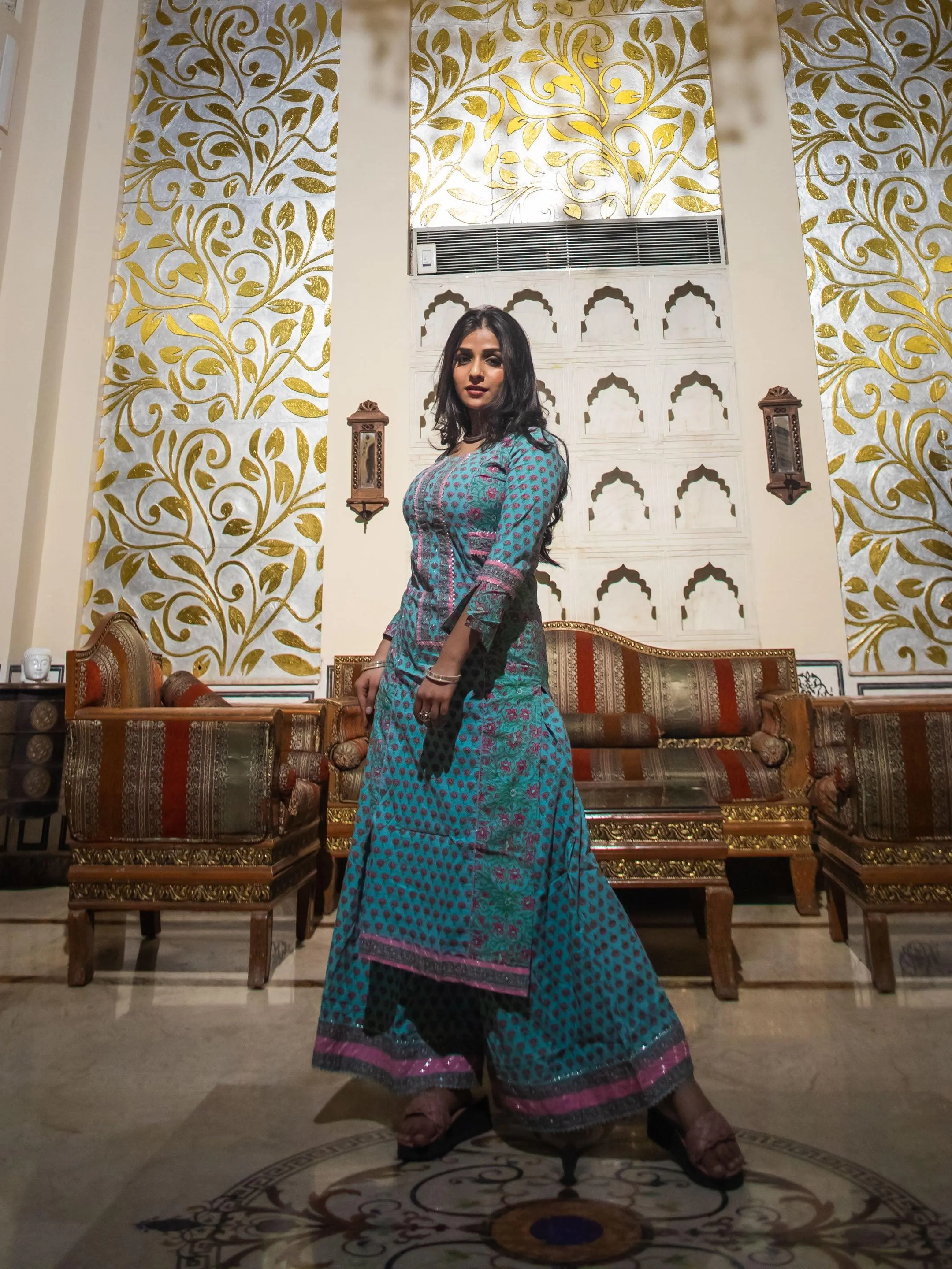 Jashvi Blue Printed Straight Kurti With Palazzo