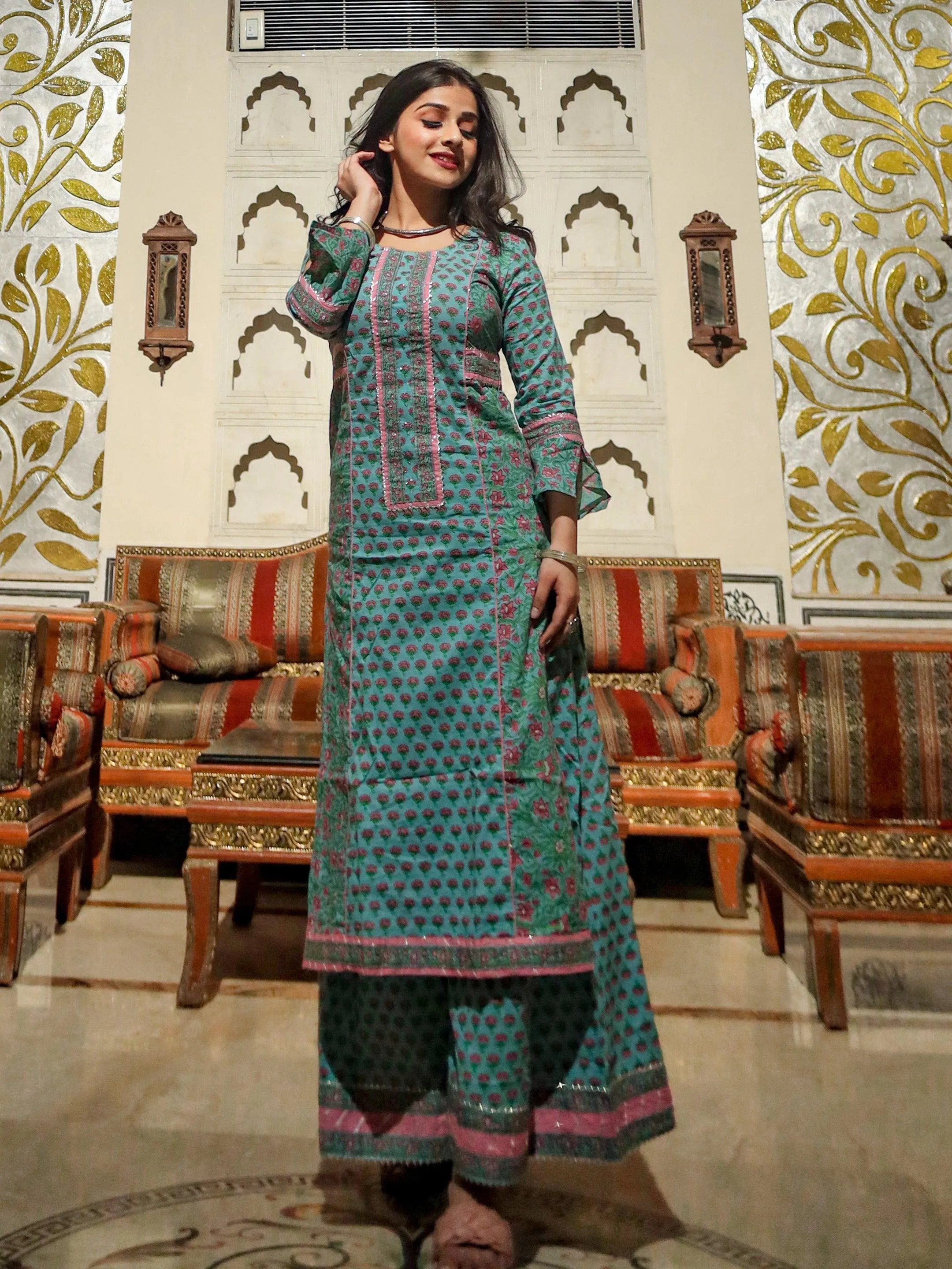 Jashvi Blue Printed Straight Kurti With Palazzo