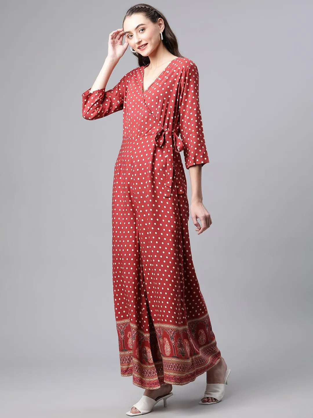 Jashvi Maroon Polka Dots Printed Jumpsuit