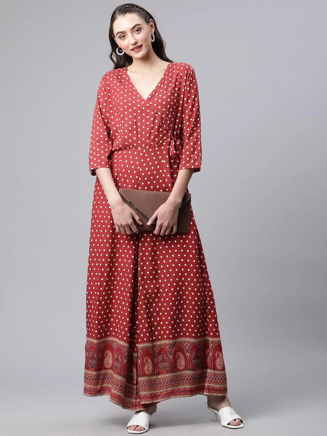 Jashvi Maroon Polka Dots Printed Jumpsuit