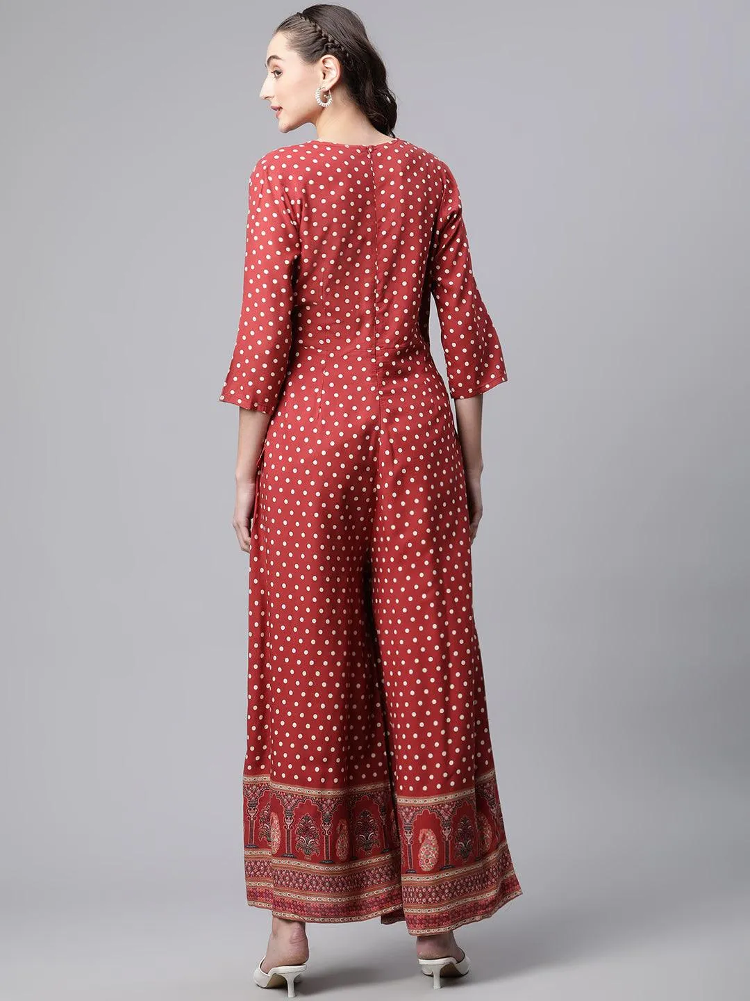 Jashvi Maroon Polka Dots Printed Jumpsuit