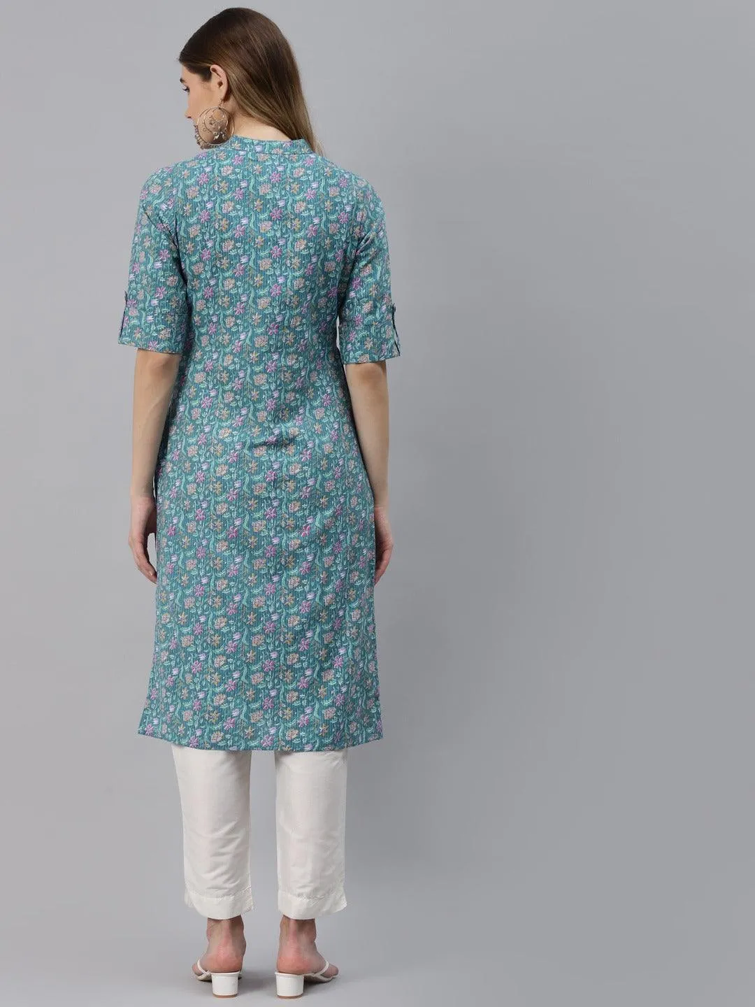 Jashvi Sea Green Cotton Straight Kurta