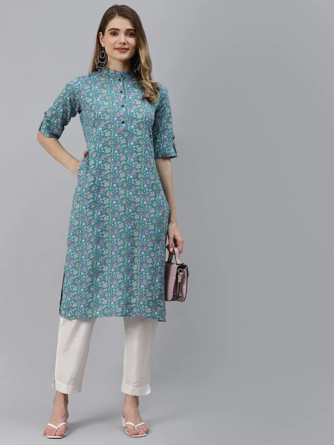 Jashvi Sea Green Cotton Straight Kurta