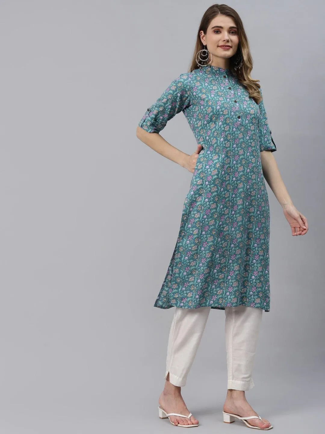 Jashvi Sea Green Cotton Straight Kurta