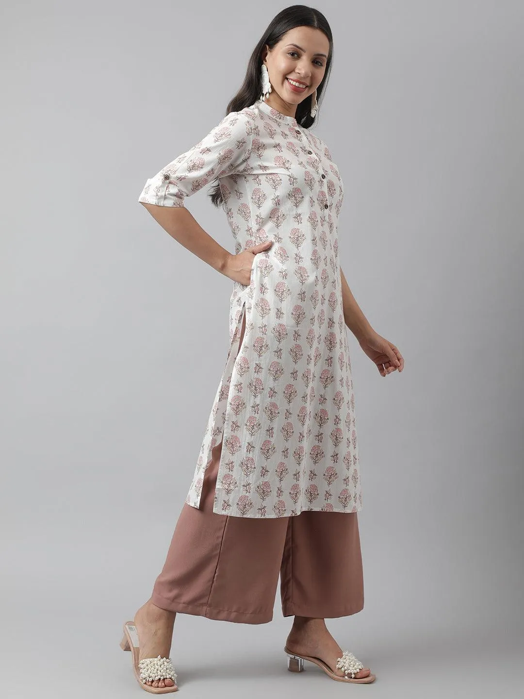 Jashvi White & Pink Floral Printed Straight Kurta