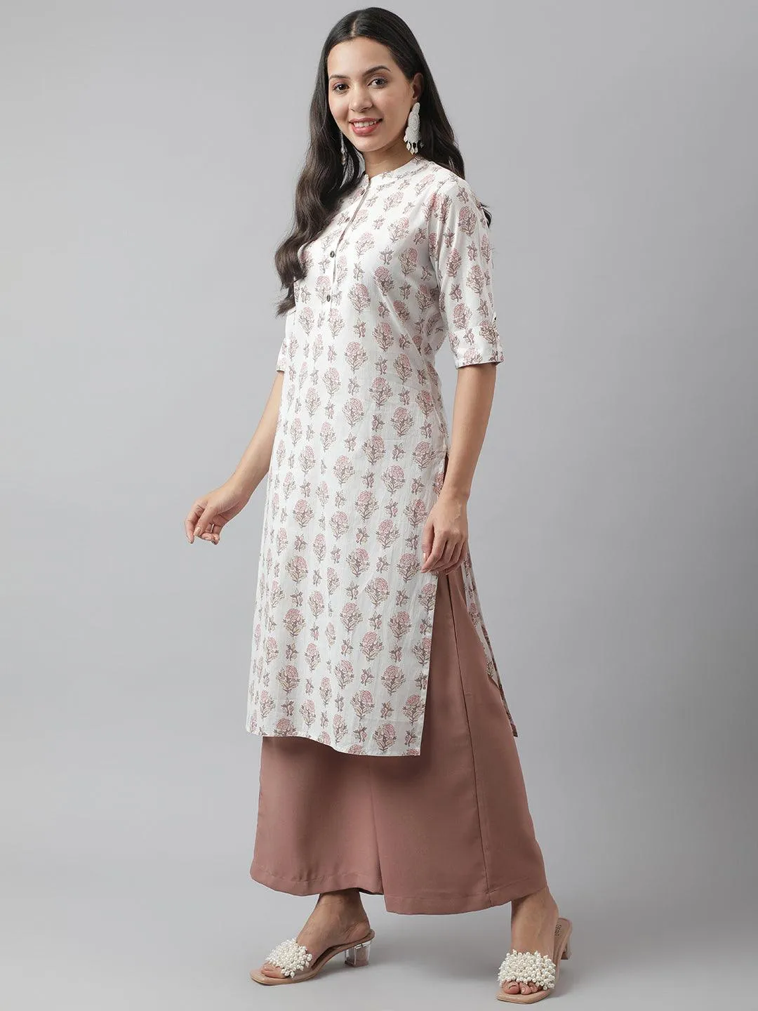 Jashvi White & Pink Floral Printed Straight Kurta