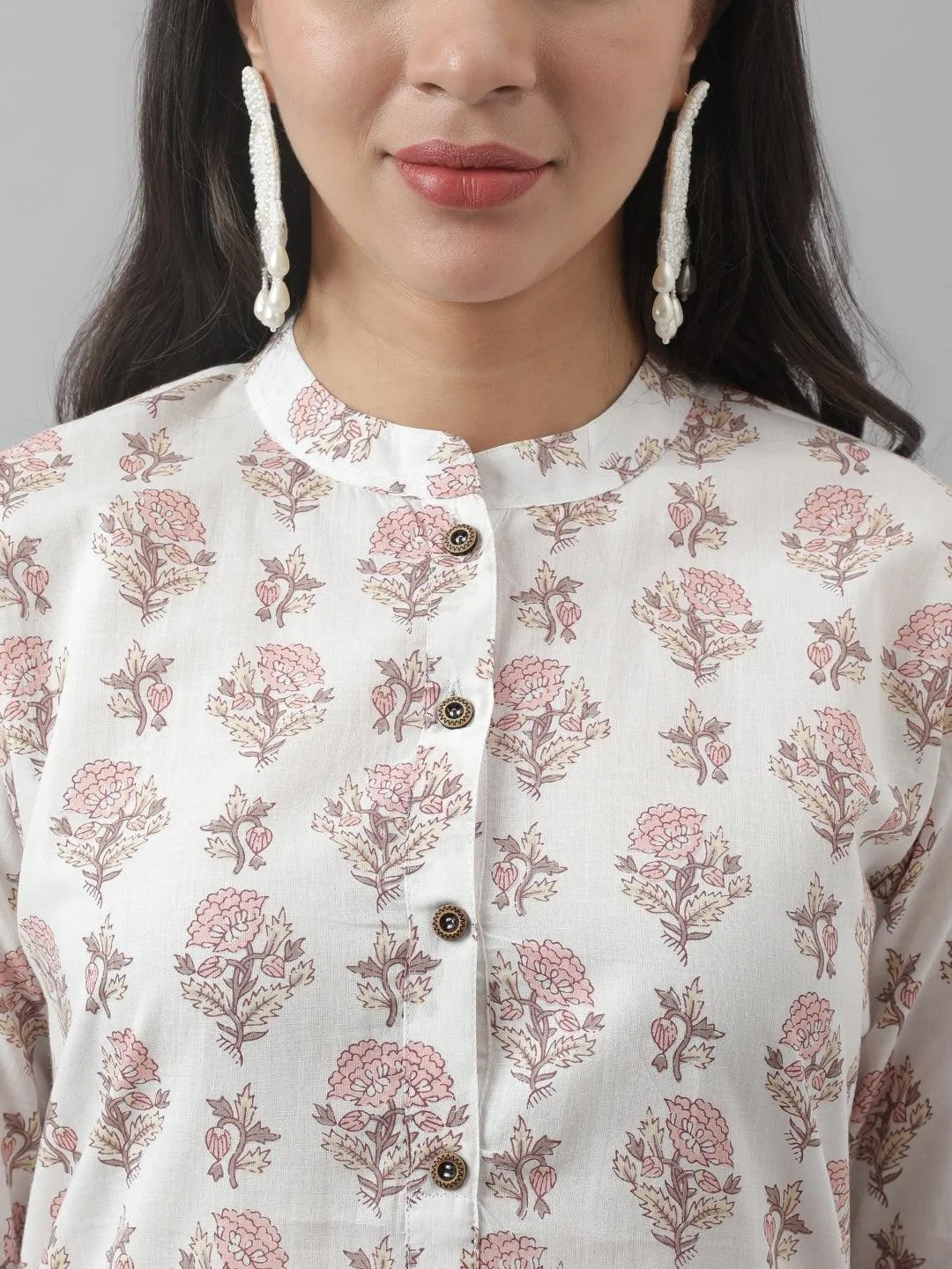 Jashvi White & Pink Floral Printed Straight Kurta