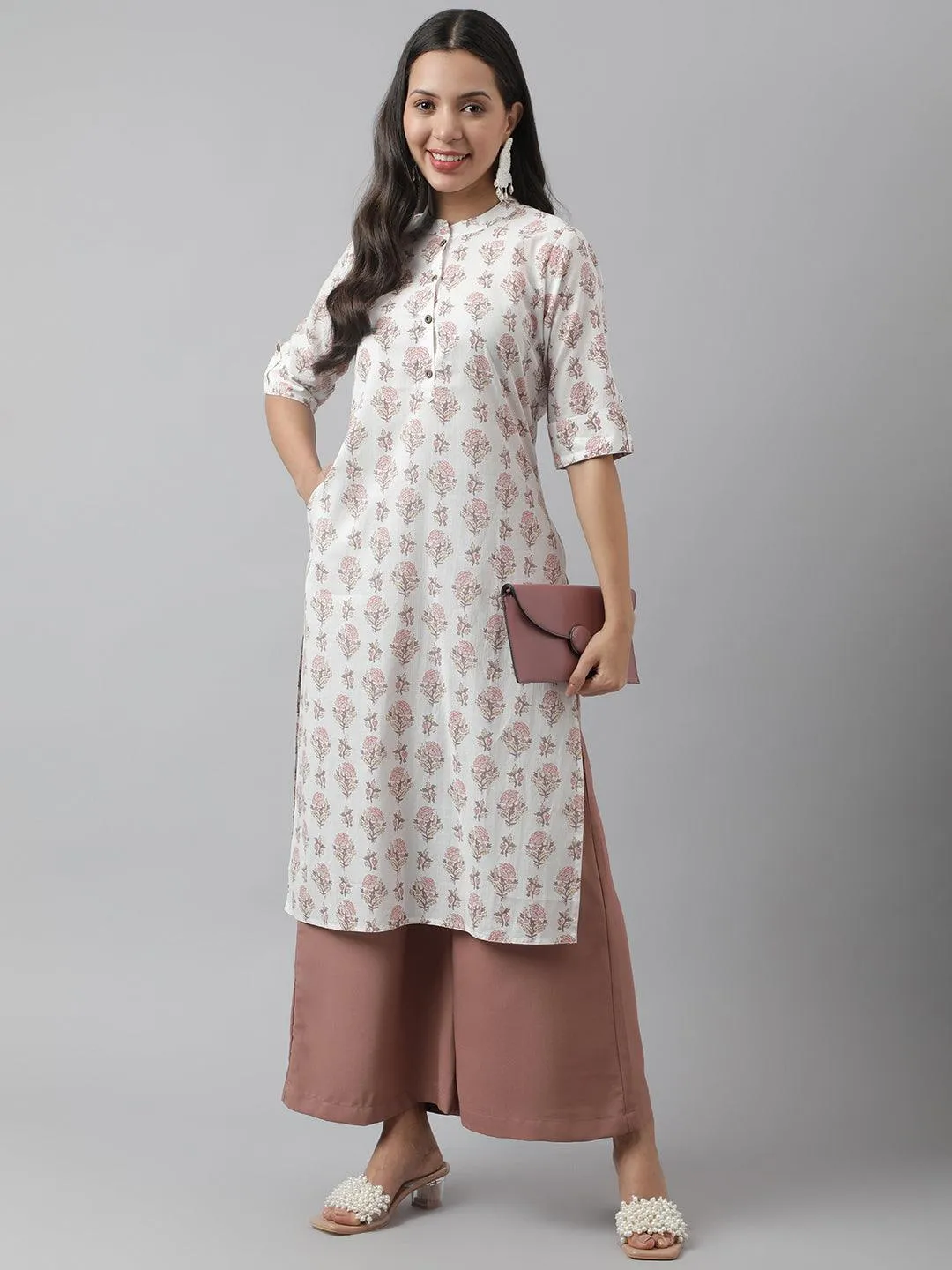 Jashvi White & Pink Floral Printed Straight Kurta