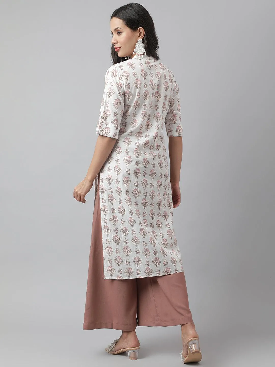Jashvi White & Pink Floral Printed Straight Kurta