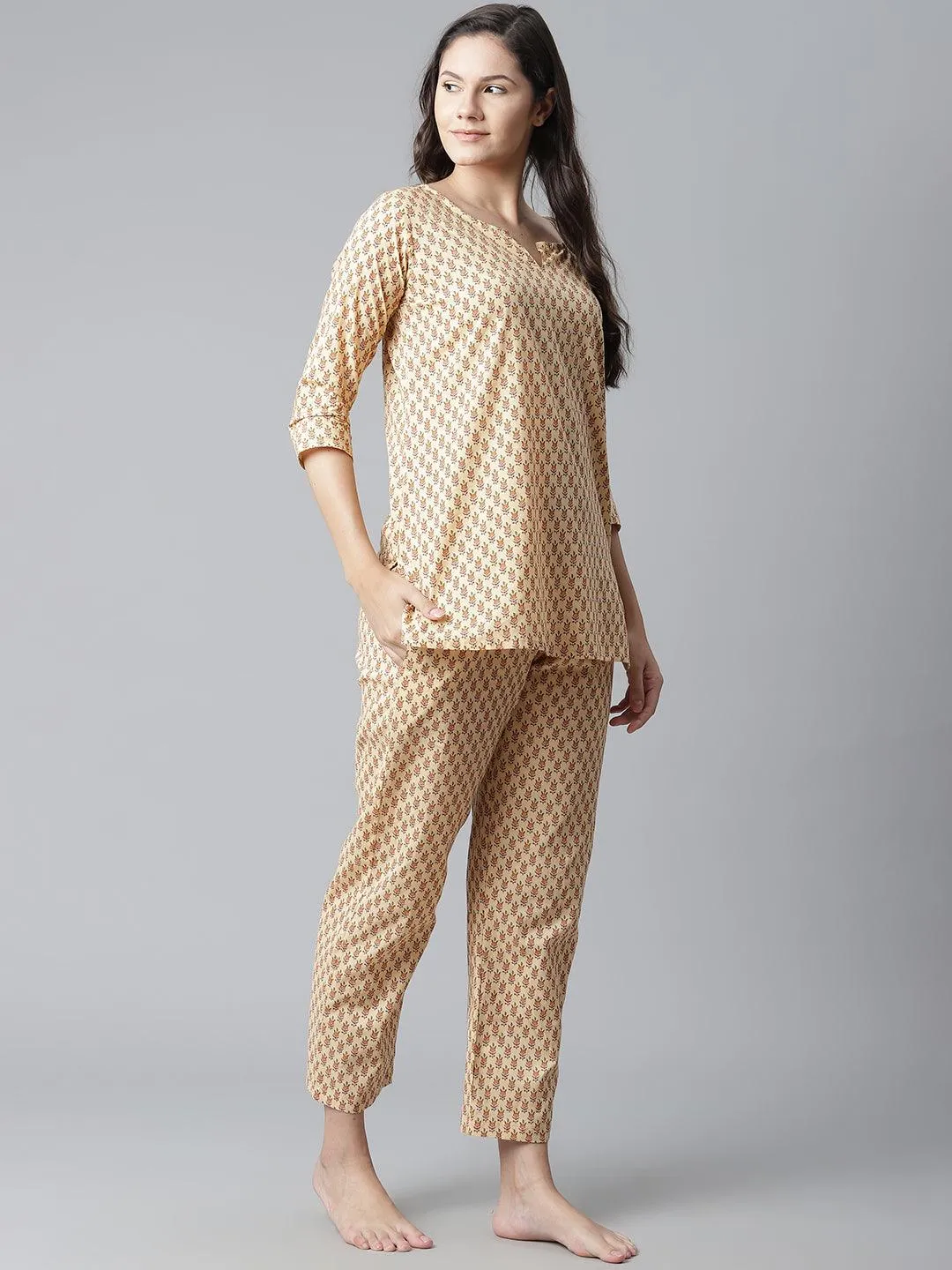 Jashvi  Yellow Buti Print Cotton Nightwear