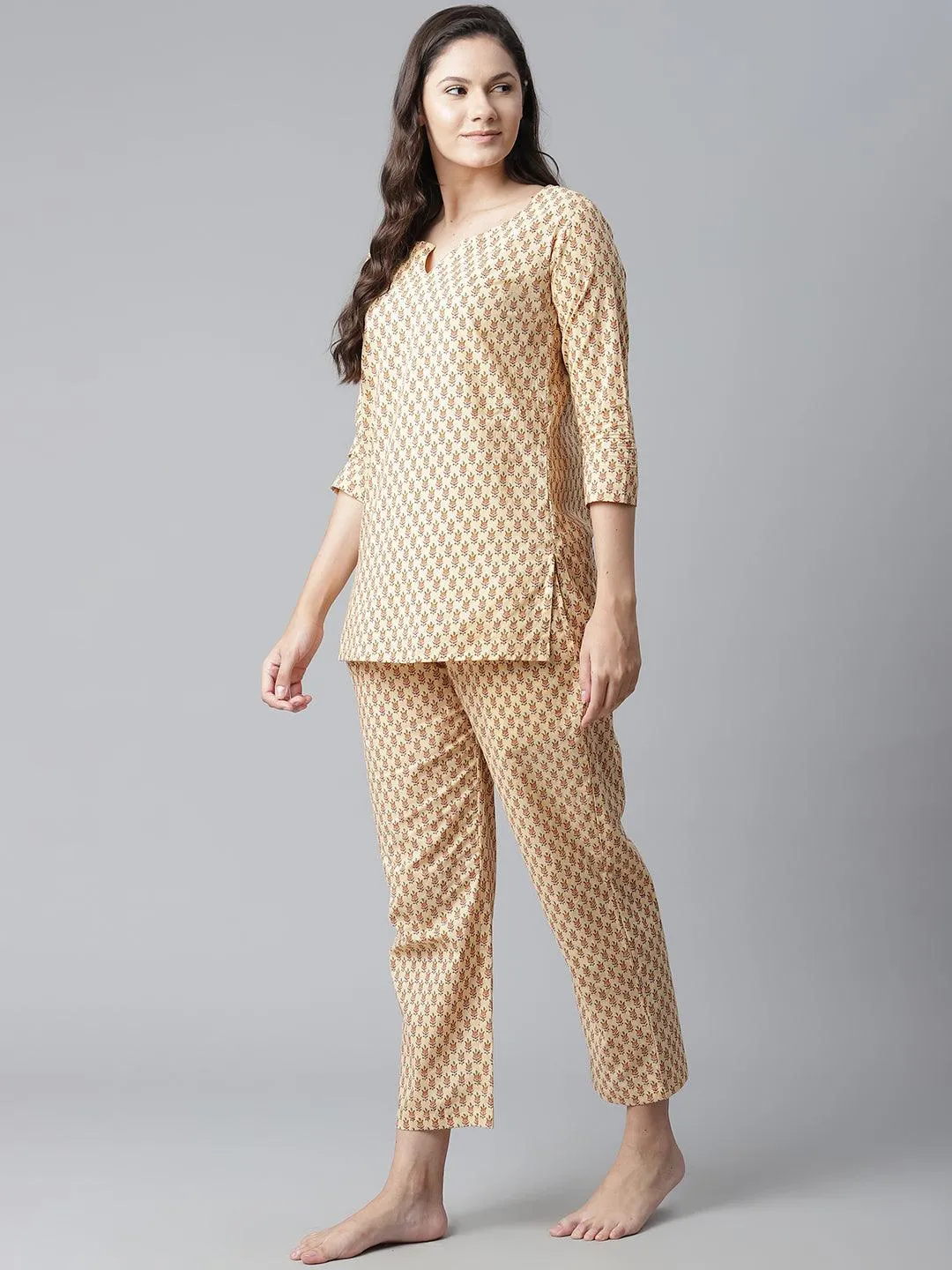 Jashvi  Yellow Buti Print Cotton Nightwear